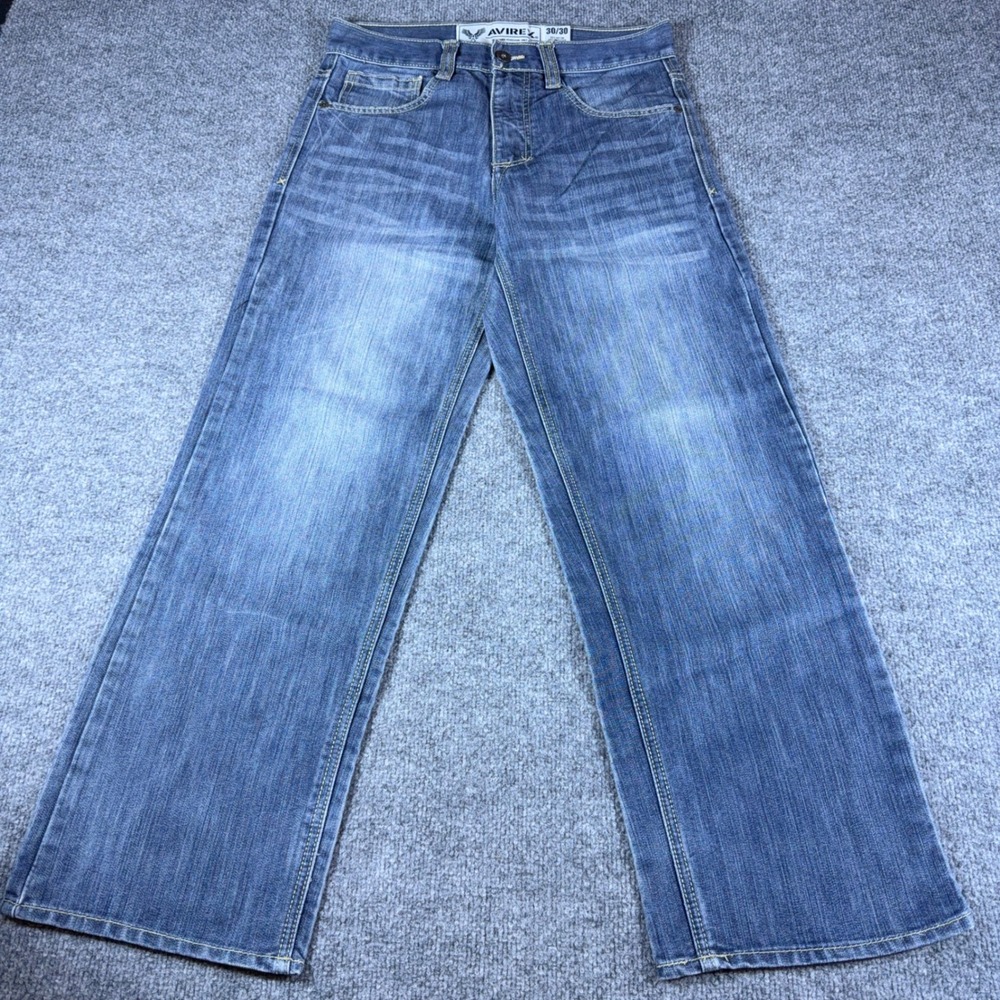 Avirex Mens Relaxed Wide Leg Jeans Blue Embroidered Pockets 30/30 Y2K Streetwear